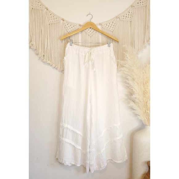 Tempo Paris Pants - Tempo Paris White Coastal Linen Wide Leg Flowy Pants S